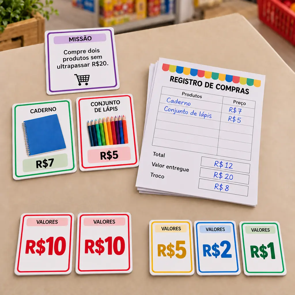 Cartas de produtos, folha de registro preenchida com total, valor entregue e troco, e cartas de valores sobre uma mesa bege