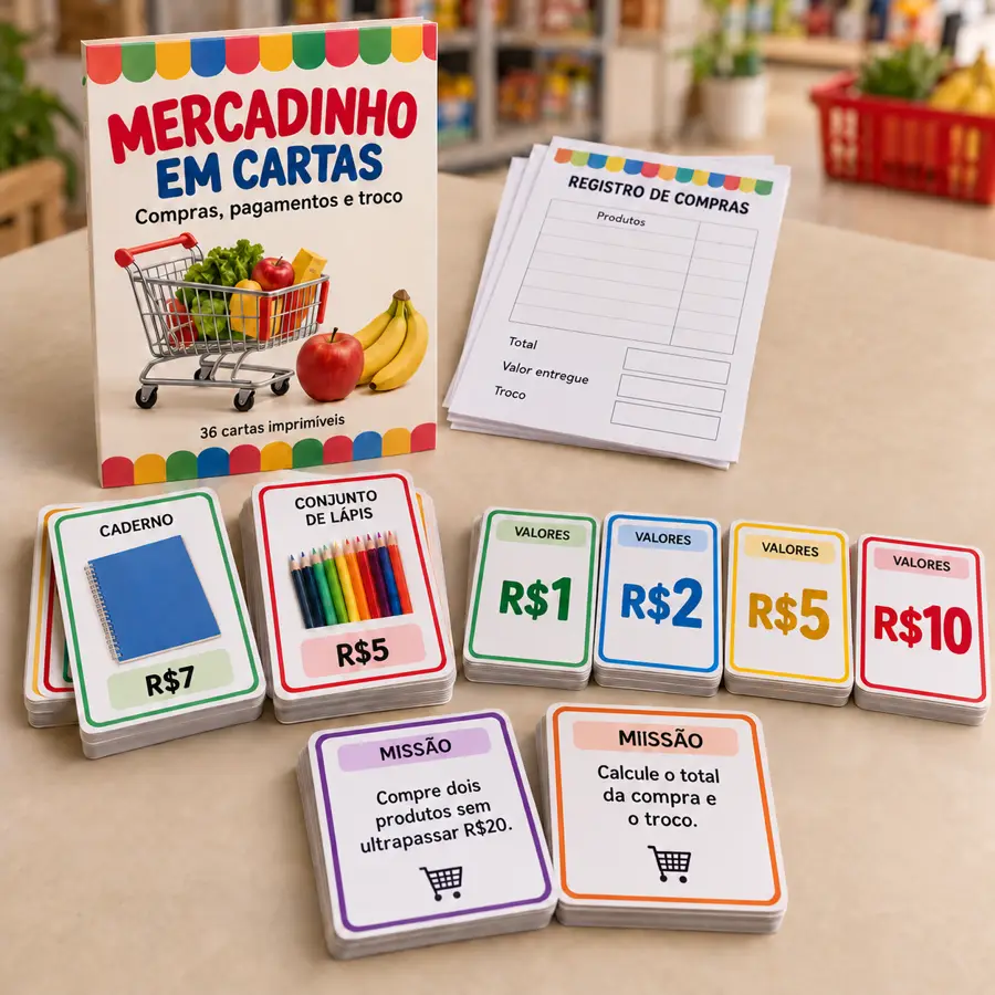 Cartas do Mercadinho em Cartas com produtos e dinheiro de brincadeira